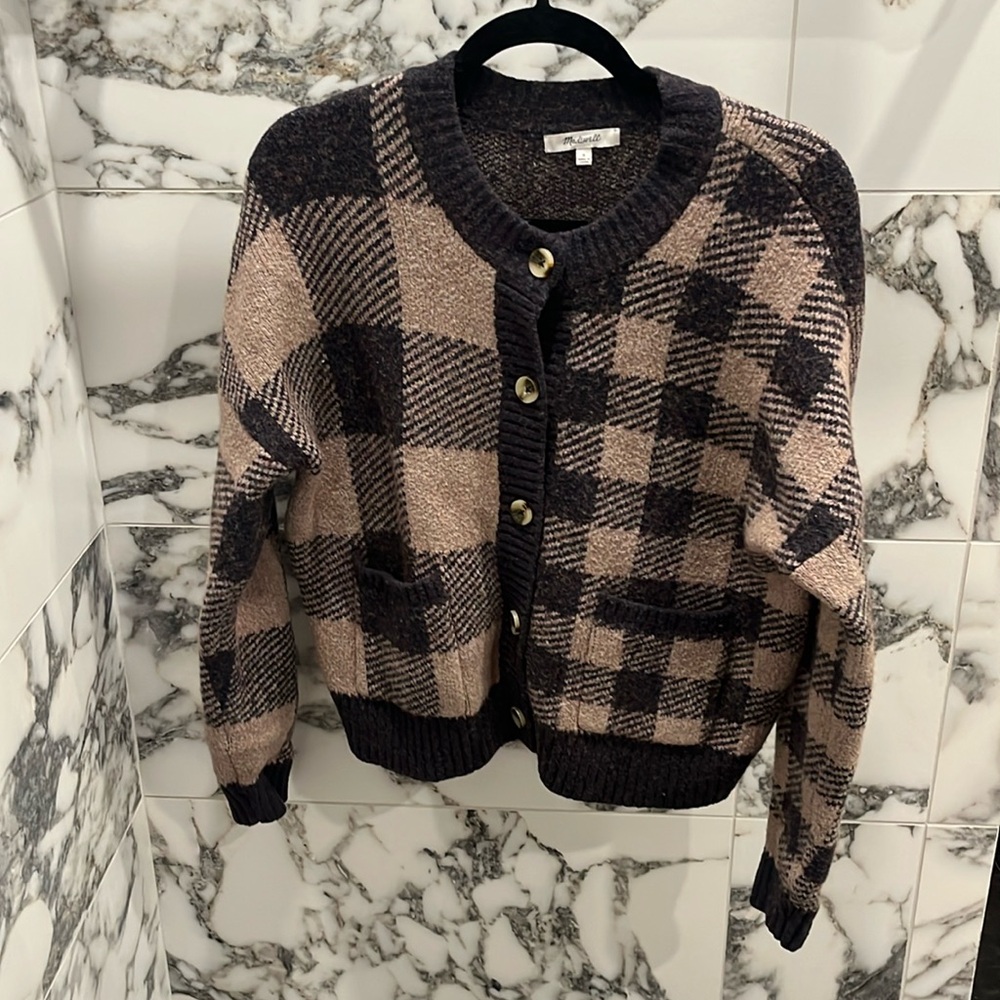 Plaid-Mix Colburne Cardigan Sweater in Coziest Textured Yarn - Heather Shadow